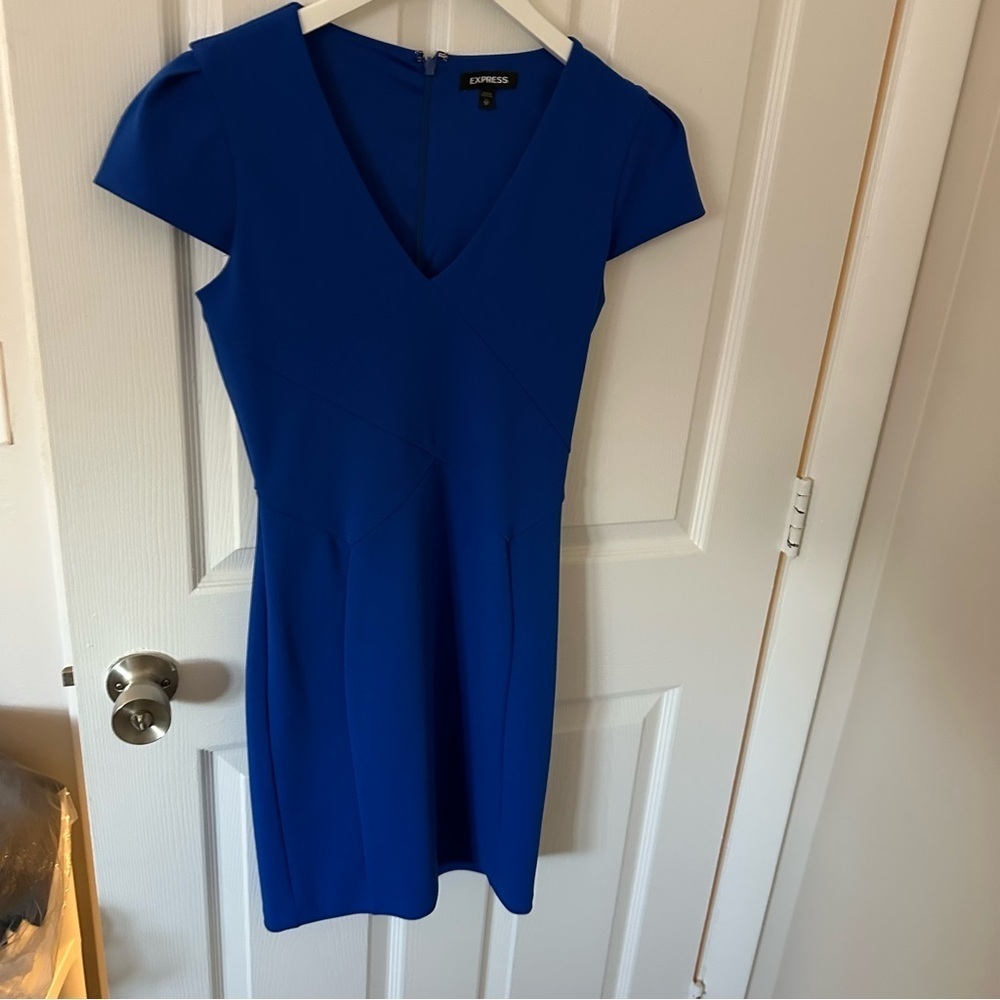 Blue V-Neck Work Dress